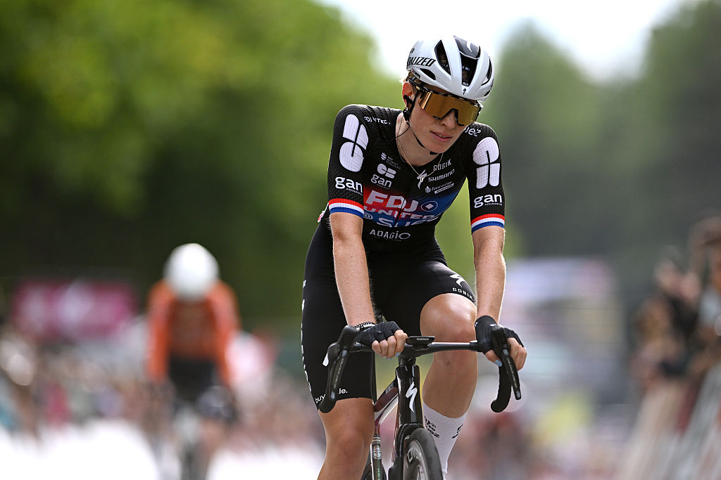 PLUMELEC, FRANCE - JULY 26: Demi Vollering of Netherlands and Team FDJ - SUEZ crosses the finish line during the 4th Tour de France Femmes 2025, Stage 1 a 78.8km stage from Vannes to Plumelec / #UCIWWT / on July 26, 2025 in Plumelec, France. (Photo by Szymon Gruchalski/Getty Images)