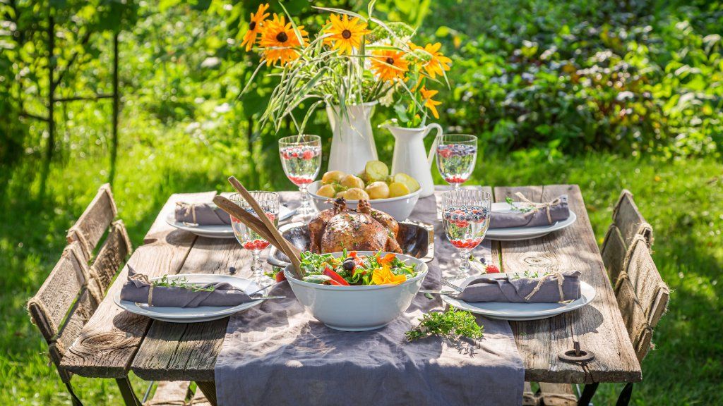 An outdoor table set for four