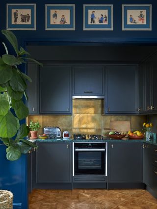 Small blue kitchen with metallic splashback