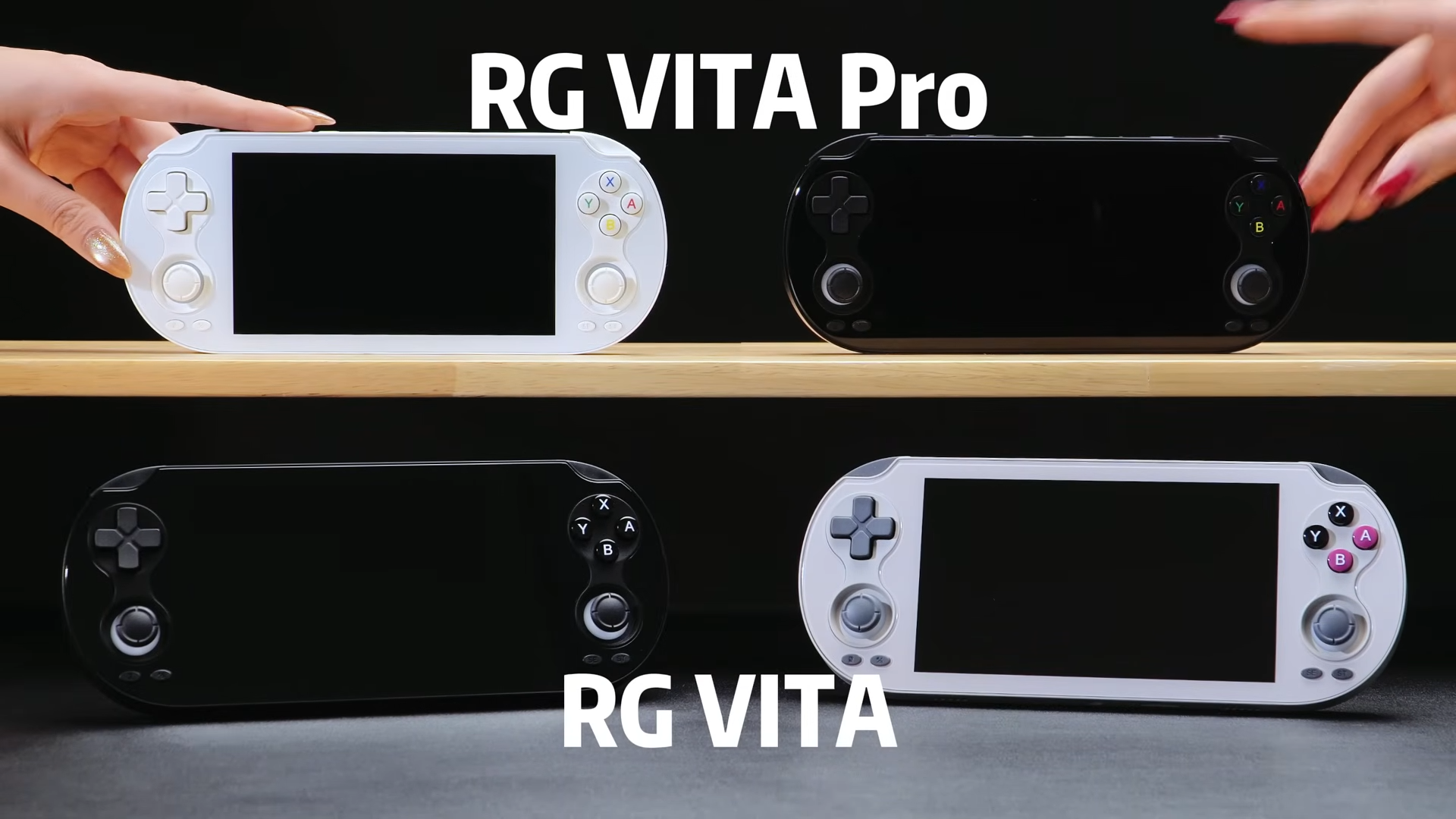 Anbernic RG Vita models with Pro Black and white models at top and vanilla RG Vita models in black and beige on bottom.