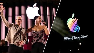 A split image showing Tim Cook and Alicia Keys at Apple's New York City celebrations for its 50th anniversary; and a shot of the '50 years of thinking different' logo and tagline at its London celebrations