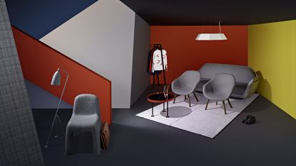 Seating area featuring grey furniture and bold colours on the walls