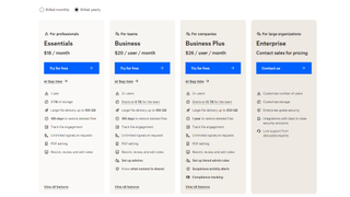 Screenshot of Dropbox Business pricing table from its website