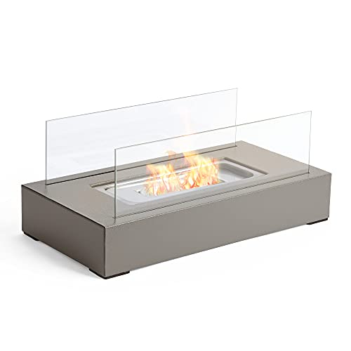 Vonhaus Tabletop Fireplace – Bioethanol Fire Pit – Bio Ethanol Table Top Fire, Table Top Heater for Outdoor & Indoor – Portable, 70 Min Burn Time, Windproof Glass, Rectangle Shape – Hammer Stone Grey