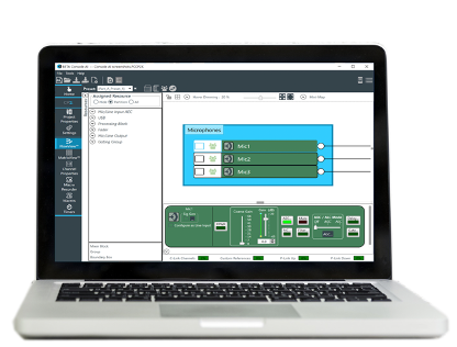 The ClearOne Console AI software on a laptop screen.