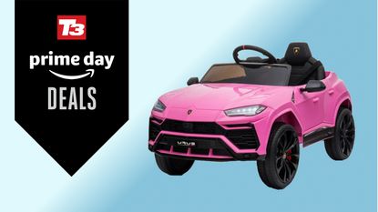Pink Lamborghini Urus ride-on toy car, with a blue background