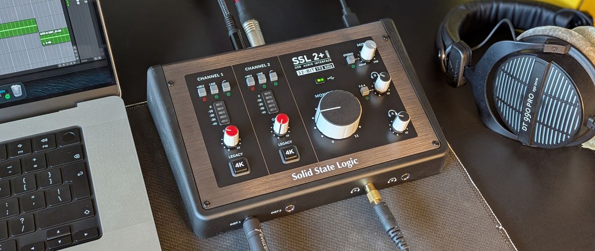 An SSL 2+ MKII audio interface on a desk