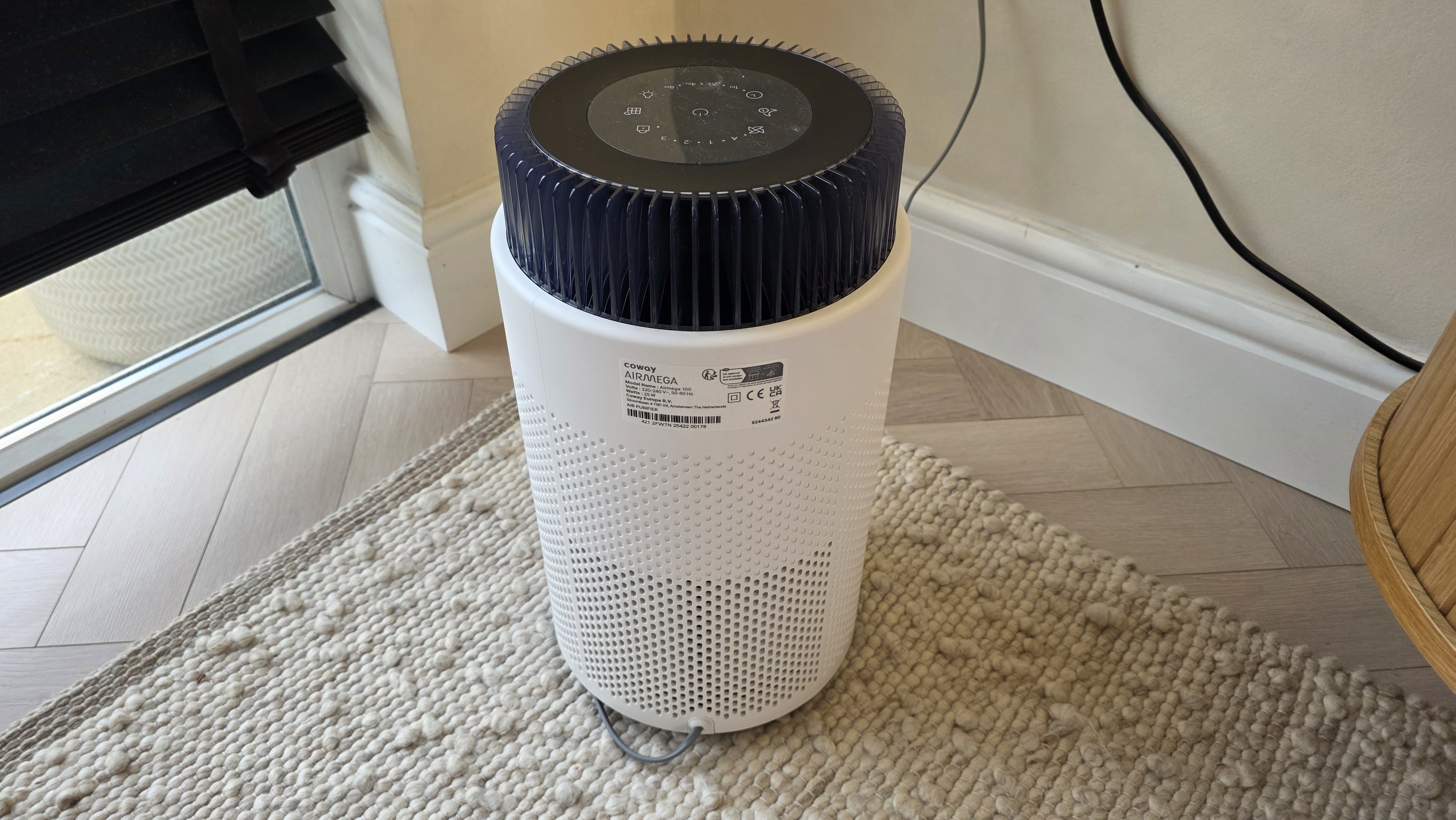 The rear of the Coway Airmega 100 standing in the corner of a room near some blinds.