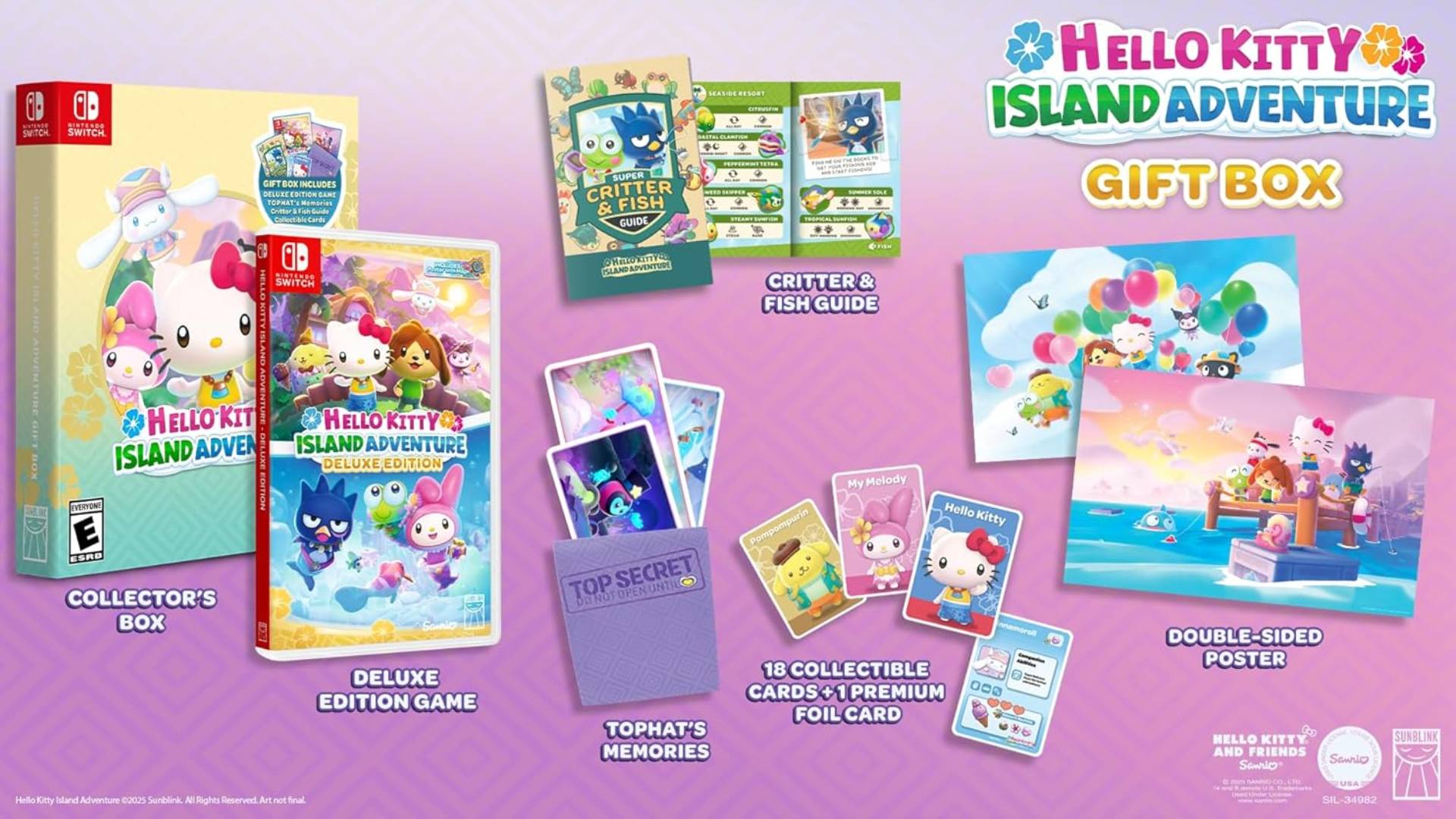 Image showing the Nintendo Switch Gift Box version of Hello Kitty Island Adventure, and all of its contents, on a pink patterned background.