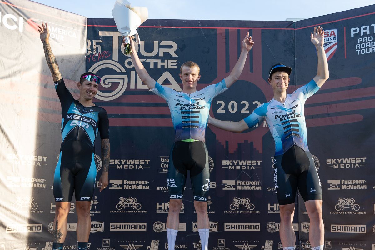 Stage 4 podium: Tyler Stites (Project Echelon racing) 1st, Samuel Voklers, 2nd, (Meiyo CCN Pro Cycling) 2nd, George Simpson (Project Echelon Racing) 3rd.
