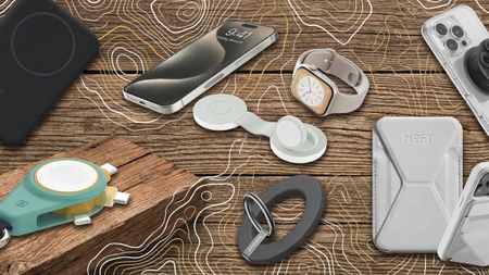 Selection of MagSafe accessories against a wooden map style background