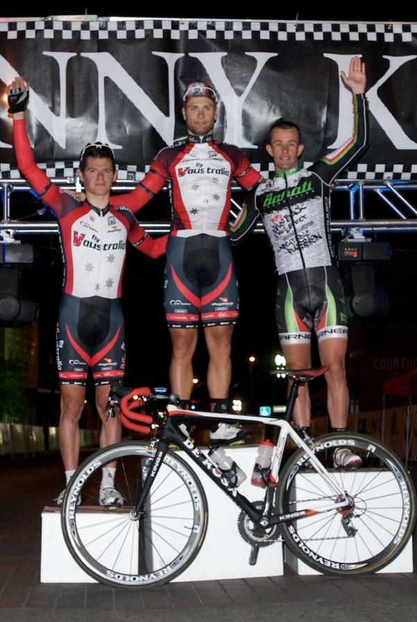 Alessandro Bazzana (3rd, Fly V Australia), Ben Kersten (1st, Fly V Australia) and Hilton Clarke (2nd, Bahati Foundation Pro Cycling)