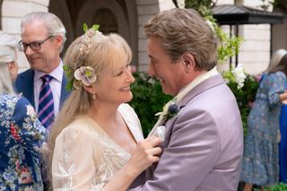 Meryl Streep as Loretta Durkin and Martin Short as Oliver Putnam (center), dancing during their wedding reception, in 'Only Murders in the Building' season 4.