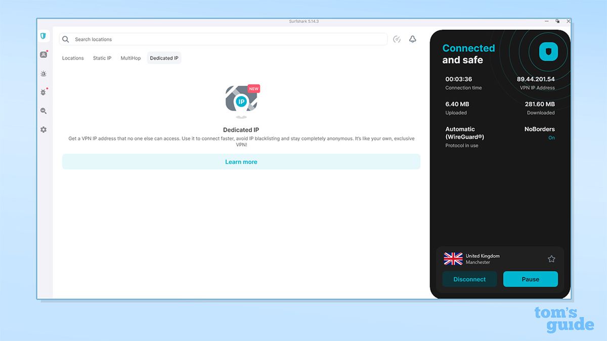 Surfshark's dedicated IP tab on its Windows app. It reads: "dedicated IP. Get a VPN IP address that no one else can access. Use it to connect faster, avoid IP blacklisting and stay completely anonymous. It's like your own, exclusive VPN!". There is a button which reads 'learn more' below this text.