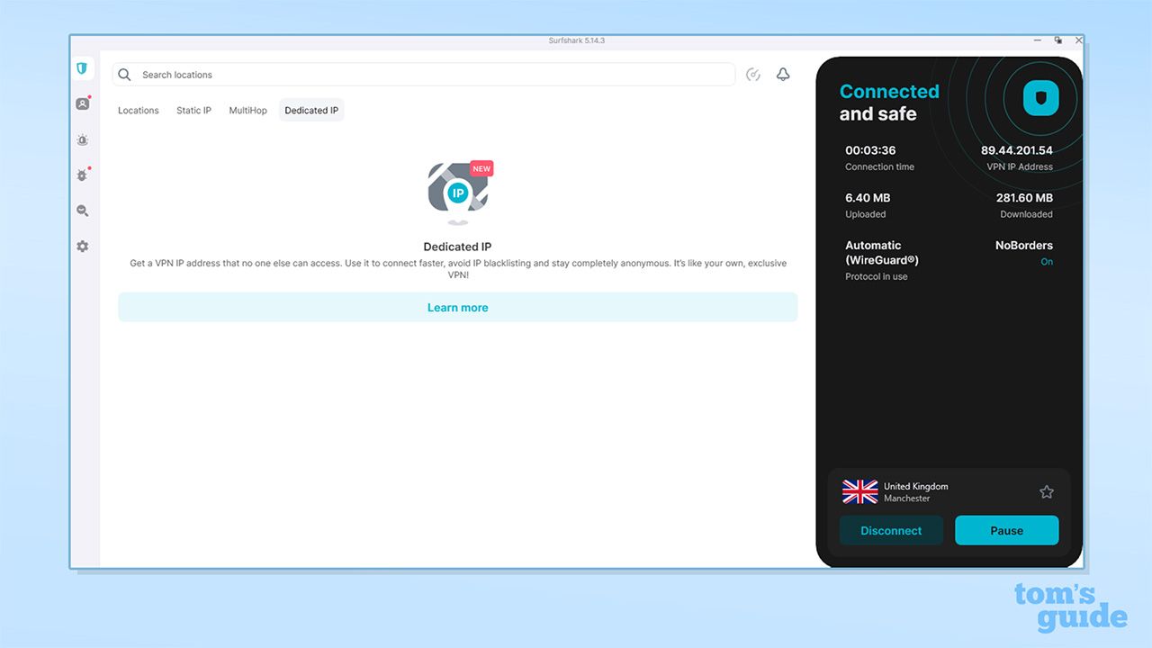Surfshark's dedicated IP tab on its Windows app. It reads: "dedicated IP. Get a VPN IP address that no one else can access. Use it to connect faster, avoid IP blacklisting and stay completely anonymous. It's like your own, exclusive VPN!". There is a button which reads 'learn more' below this text.