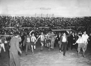 Argentina players celebrate their South American Championship victory in 1945.