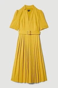 Tailored Structured Crepe Forever Pleat Belted Midi Dress