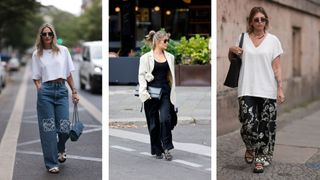 Street style influencers showing shoes to wear with wide leg trousers sandals
