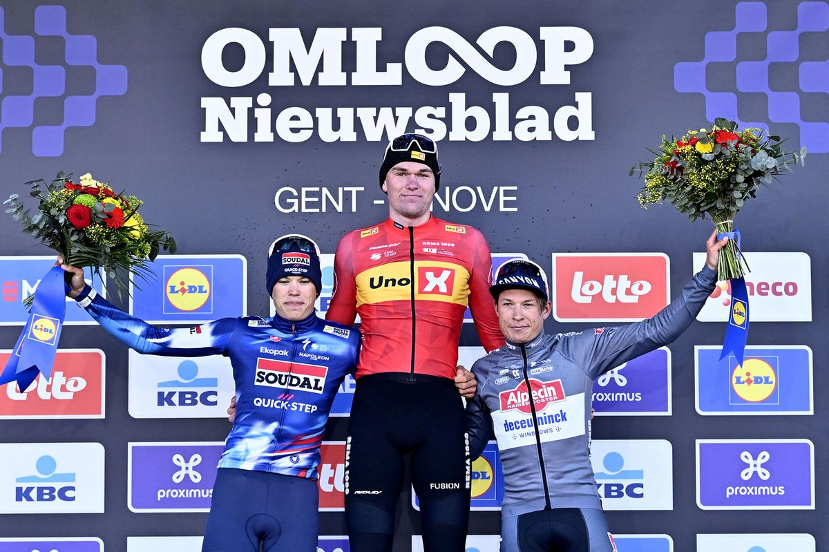 The final podium of the 2025 Omloop Het Nieuwsblad