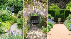 Regency garden ideas are so chic. Here are three of these - a winding path with blue, purple and pink flowers, a wisteria archway with a blue iron bench and path, and a light brown gravel walkway with blue flowers and dark green hedges
