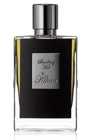 Kilian Paris Smoking Hot Refillable Perfume in rectangular black and green bottle with dark metallic silver label and cap on white background 