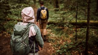 Couple of hikers on their adventure in forest