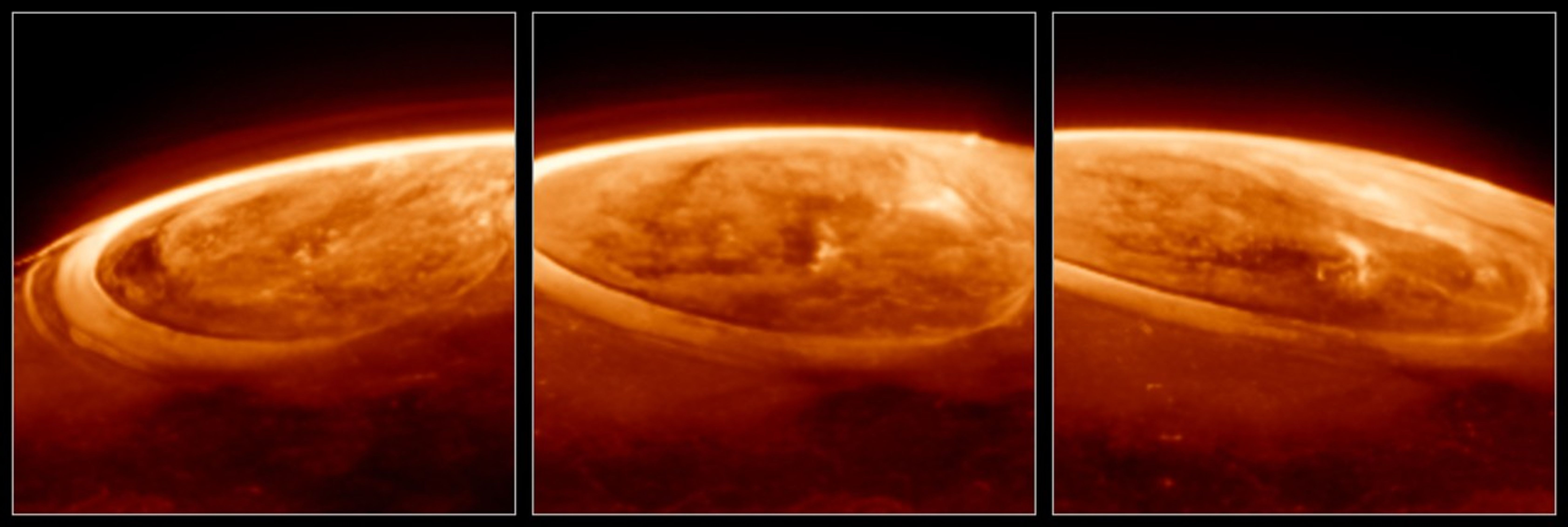 Three side by side images of bright orange circles at the top of a planet. Each image is a close up of the top of the planet.