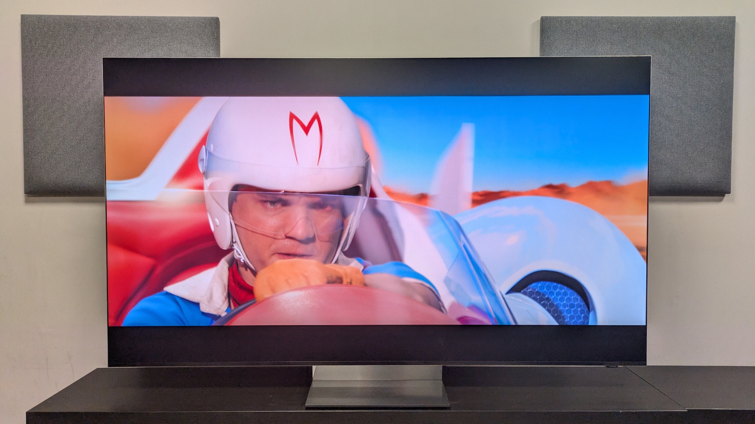 Samsung R95H with shot of Speed during a race from Speed Racer on screen