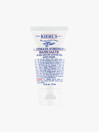 An image of Keihl's hand cream. The product is a white tube with the packaging reading Ultimate Strength Hand Salve. 