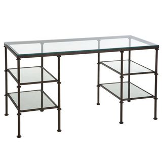 Pompidou Desk with tubular metal frame and glass top and shelves either side