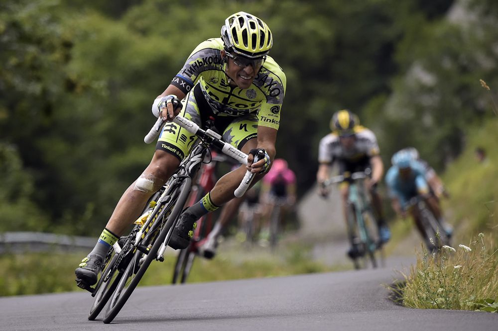 Alberto Contador descends off one othe Alpine climbs.