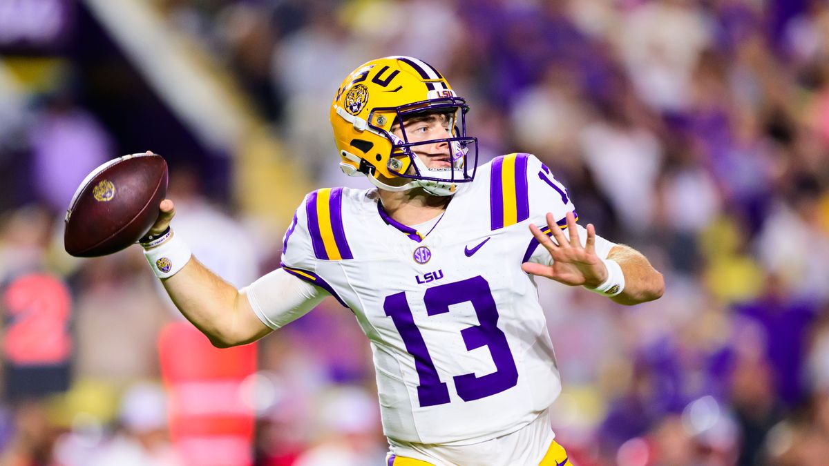 Garrett Nussmeier #13 of the LSU Tigers looks throw deep ahead of the South Carolina vs LSU: live stream