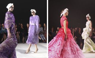 Two images of catwalk models in designer dresses, white catwalk stage, people in the audience, black background