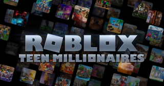 Roblox Logo, with text underneath reading "teen millionaires"
