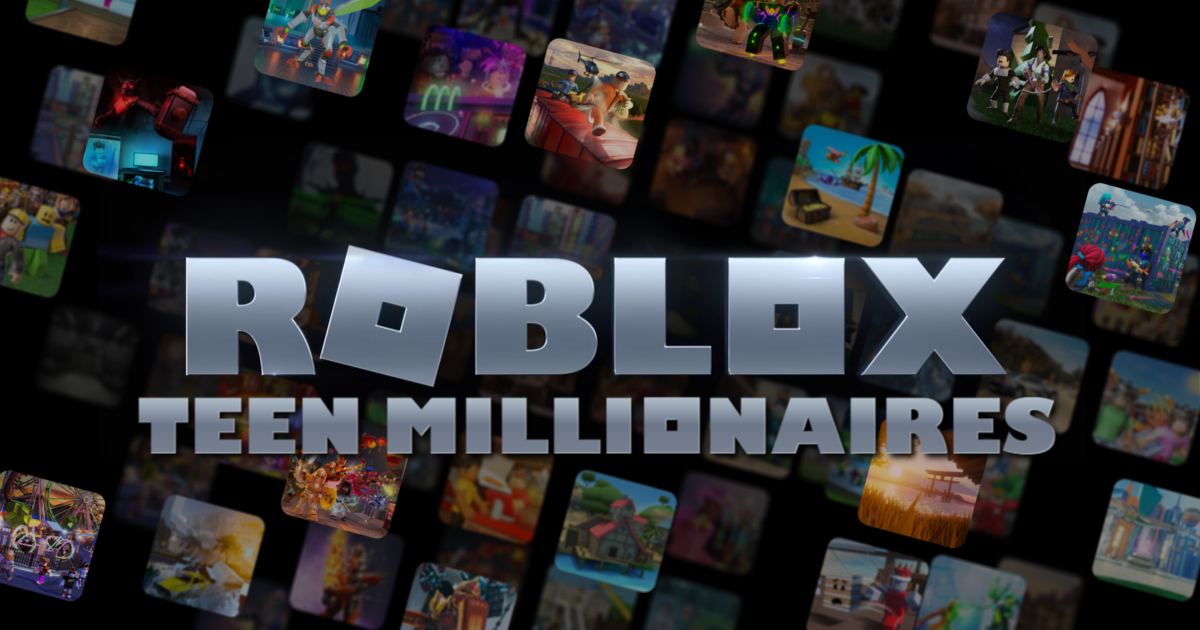 Roblox Logo, with text underneath reading &quot;teen millionaires&quot;