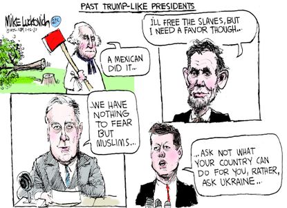 Political Cartoon U.S. Trump Washington Lincoln Kennedy Roosevelt