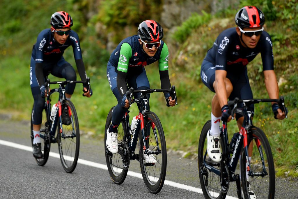 OURENSE SPAIN NOVEMBER 04 Michael Storer of Australia and Team Sunweb Richard Carapaz of Ecuador and Team INEOS Grenadiers Green Points Jersey Andrey Amador Bikkazakova of Costa Rica and Team INEOS Grenadiers during the 75th Tour of Spain 2020 Stage 14 a 2047km stage from Lugo to Ourense lavuelta LaVuelta20 La Vuelta on November 04 2020 in Ourense Spain Photo by David RamosGetty Images