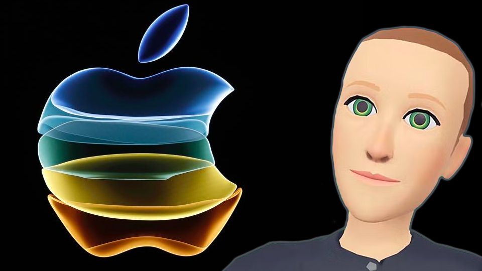 An Apple logo next to Mark Zuckerberg&#039;s metaverse avatar