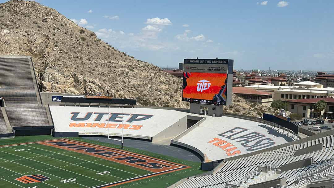 The new endzone videoboard at UTEP's college football stadium.