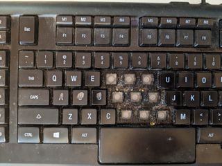 A mechanical keyboard with nine keys removed, showing the dust and crumbs underneath.