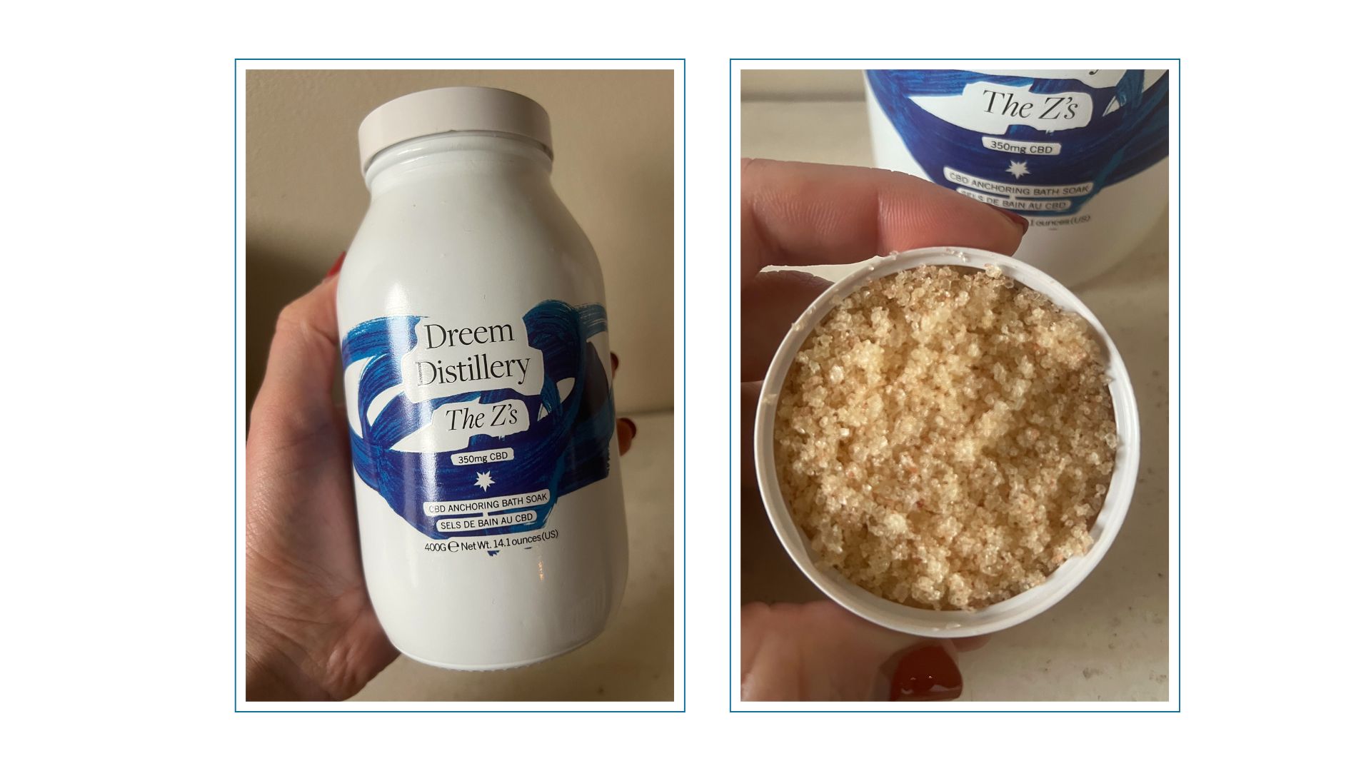 A blue and white jar of Dreem Distillery bath salts held in the palm of a hand, next to an image of the bath salts, spilled out into a jar lid, showing their golden colour and texture