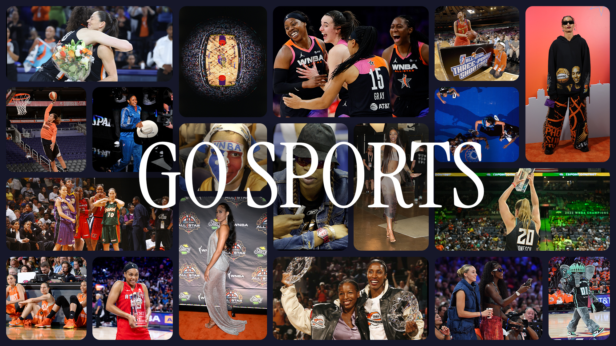 A collage with the title "GO SPORTS" on it as well as photos from WNBA All-Star weekends throughout the event's history.