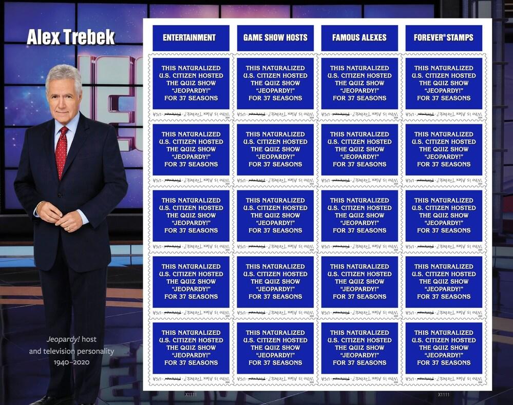 U.S. Postal Service stamp of Alex Trebek on the set of Jeopardy