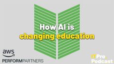 The words "How AI is changing teaching" against a green book shape formed from noisy green lines, against a pale grey background. The words "changing education" are yellow, the rest are white. In the bottom left corner the AWS and Perform Partners logos are shown and in the bottom right corner, the ITPro Podcast logo is shown.