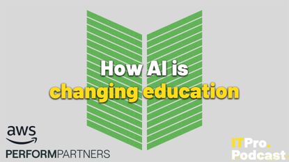 The words "How AI is changing teaching" against a green book shape formed from noisy green lines, against a pale grey background. The words "changing education" are yellow, the rest are white. In the bottom left corner the AWS and Perform Partners logos are shown and in the bottom right corner, the ITPro Podcast logo is shown.