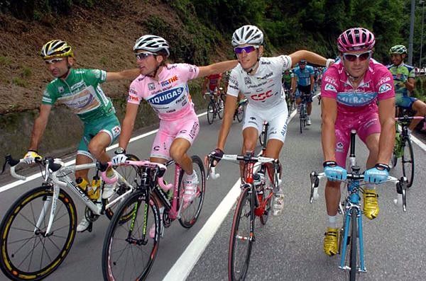 Classification winners (l-r) Leonardo Piepoli (Saunier Duval-Prodir), Danilo Di Luca (Liquigas), Andy Schleck (Team CSC) and Alessandro Petacchi (Milram).