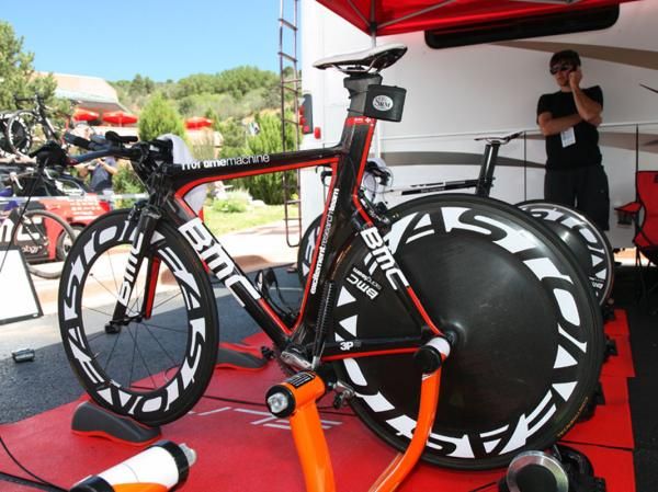 BMC brought a mix of time trial machines to the USA Pro Cycling Challenge prologue, including this previous-generation TT01, alloy and carbon TT02s, and the new TM01 for team leader Cadel Evans.