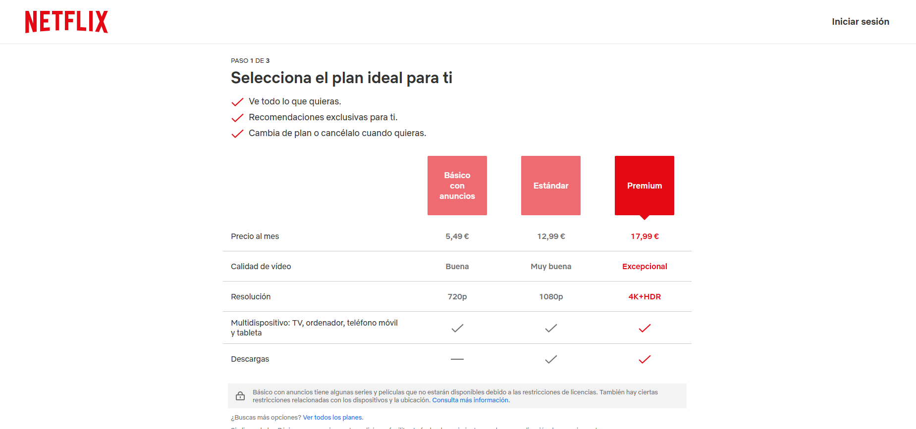 Captura de pantalla de la página de registro de Netflix donde no aparece el plan básico sin anuncios