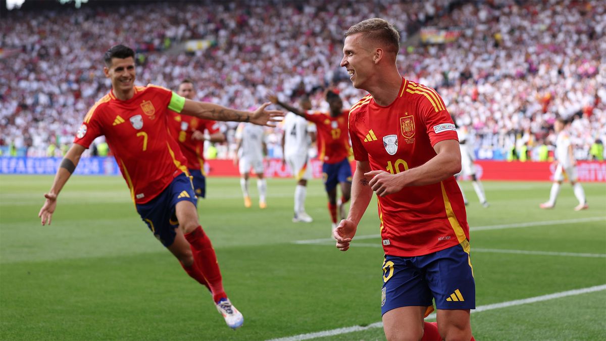 Euro 2024 top scorers: Dani Olmo celebrates with Alvaro Morata scoring Spain&#039;s first goal against Germany at Euro 2024.