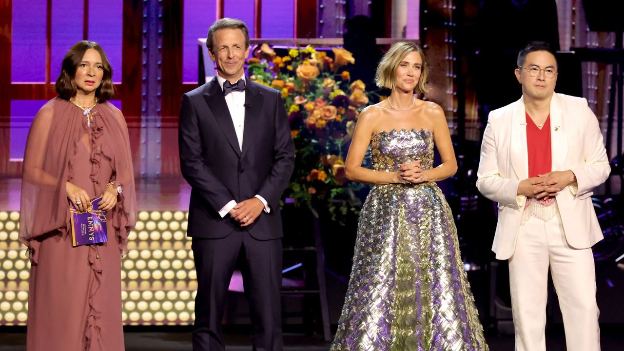 Maya Rudolph, Seth Meyers, Kristen Wiig, and Bowen Yang on stage at the 2024 Emmy Awards